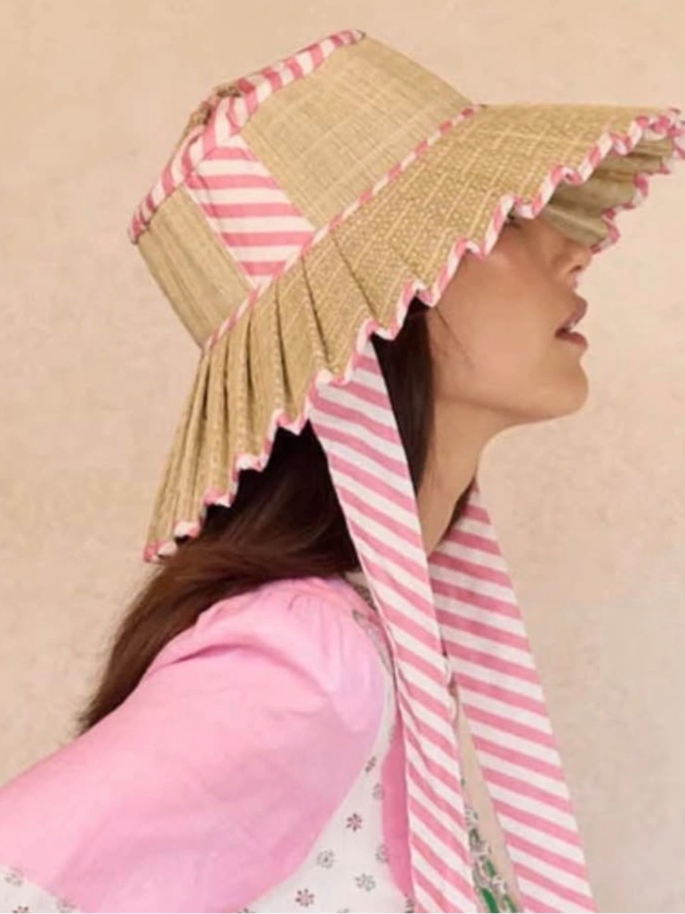 New packable wide Brim Straw Sun Hat with Pink Stripe Trim